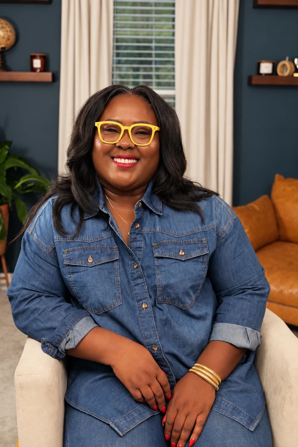 Ona smiling in yellow glasses and a denim shirt, seated in the studio