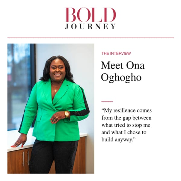 Bold Journey interview art with Ona Oghogho in a green blazer