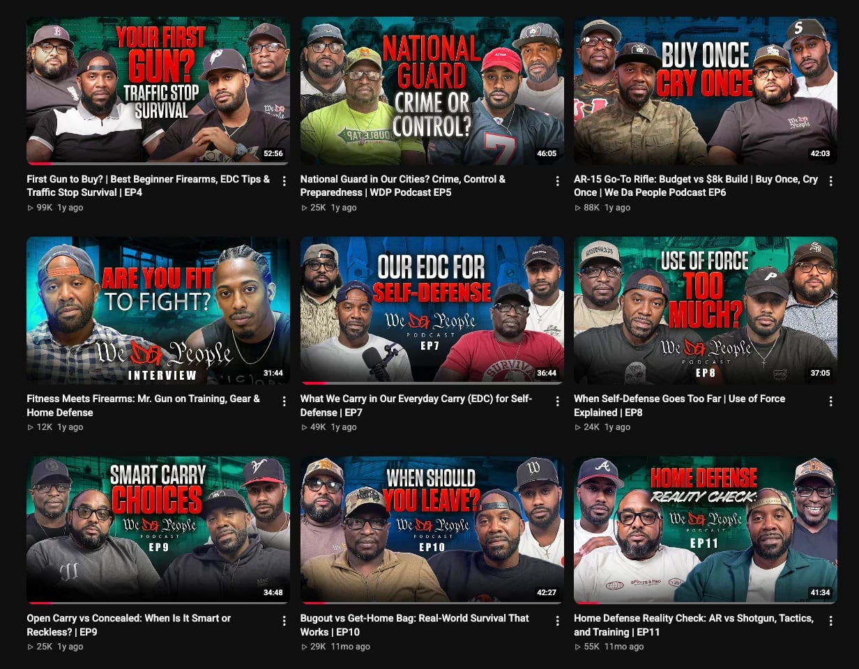 Nine We Da People Podcast episode thumbnails from episodes 4 through 11, with view counts up to 99K